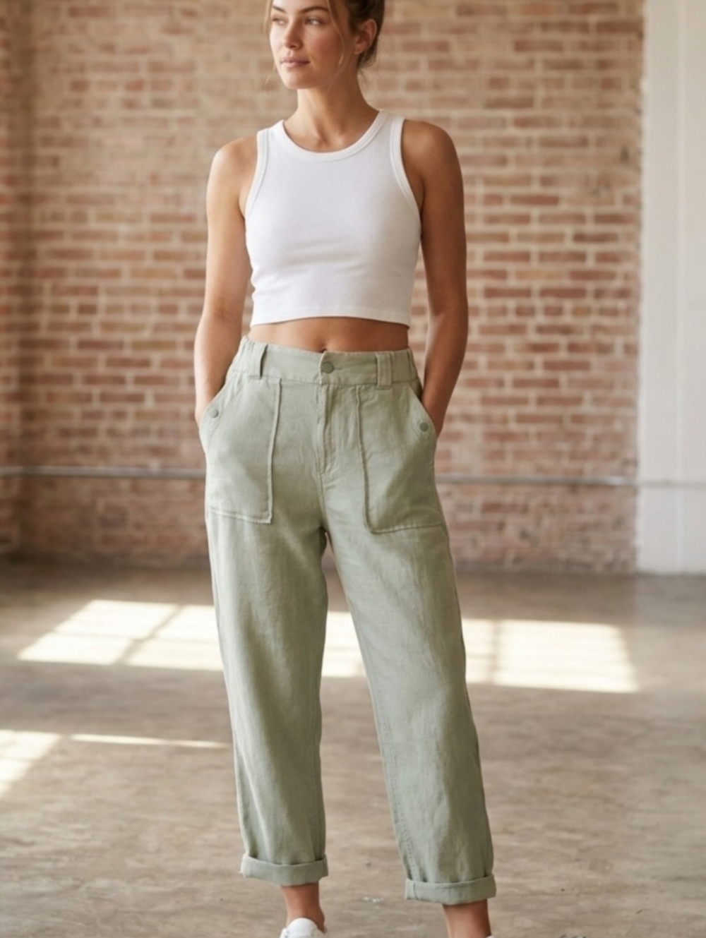 Tahari Linen Trousers Cuffed Relaxed Utility High Waisted Sage Green Size L - Picture 6 of 15